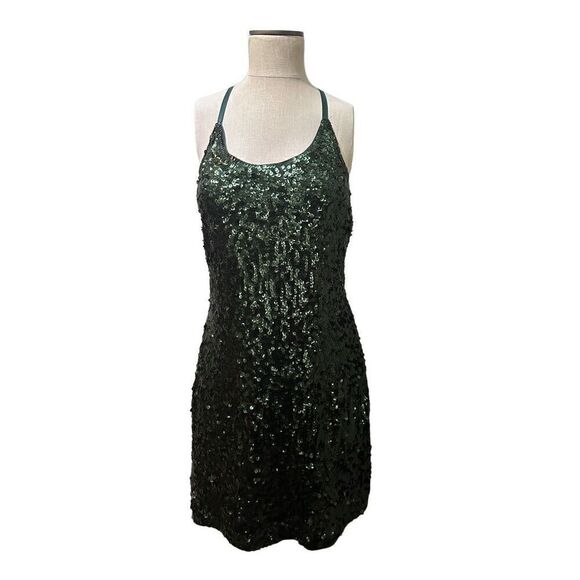 Maner Green Sequin Mini Dress Straps Sleeveless Lined Scoop Cocktail Party Sz L - Picture 1 of 8